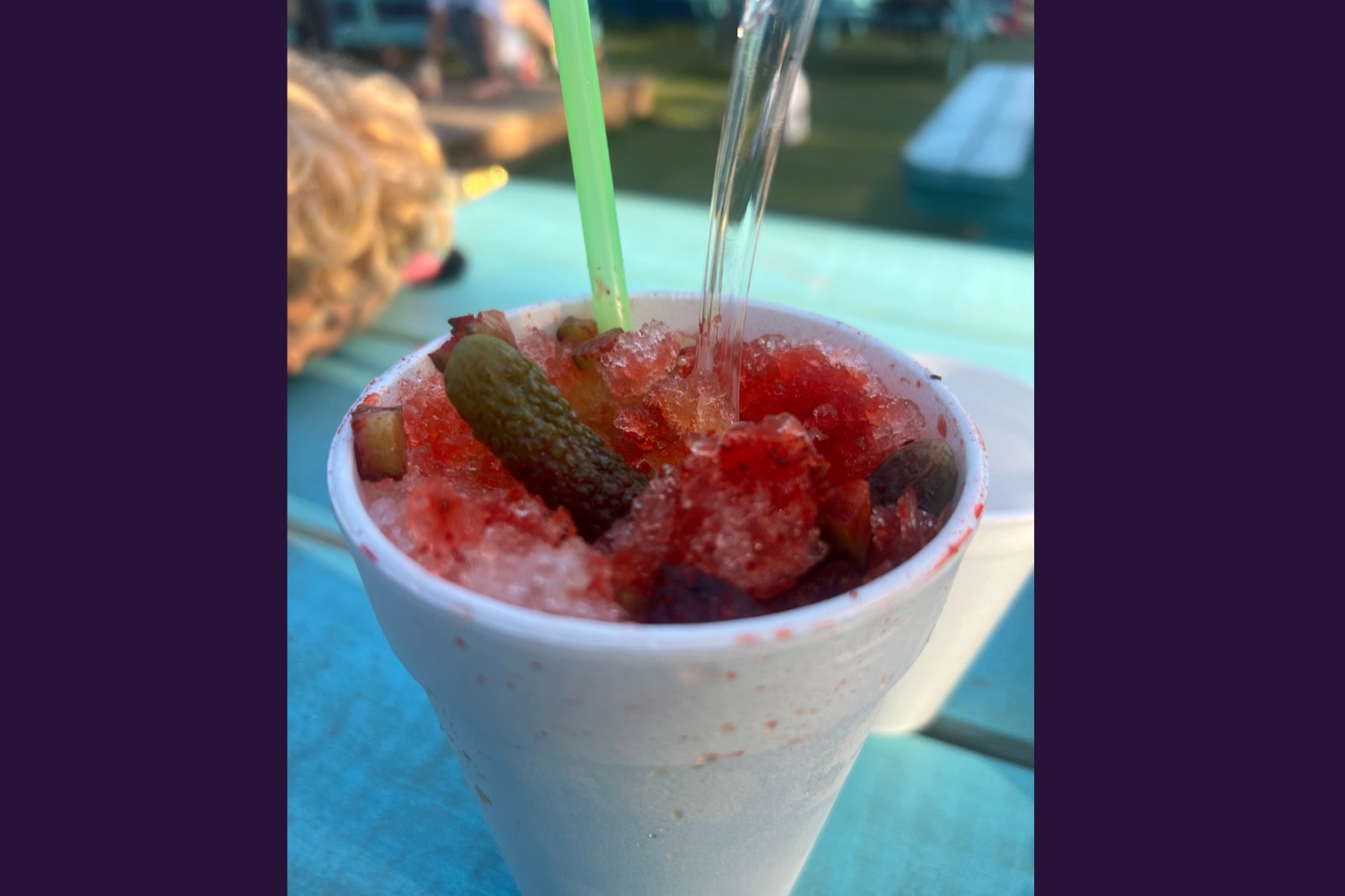 Austin Snow watermelon shaved ice cup with pickle and chamoy